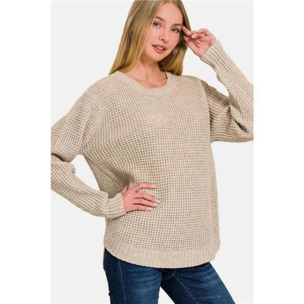 Zenana High Low Long Sleeve‎ Waffle Sweater